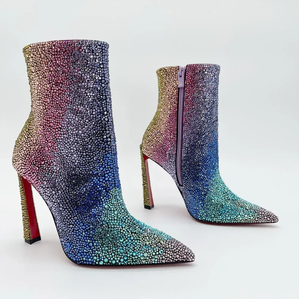 New Christian Louboutin Condora Strass Rainbow Crystal Heeled Ankle Boots EU 36